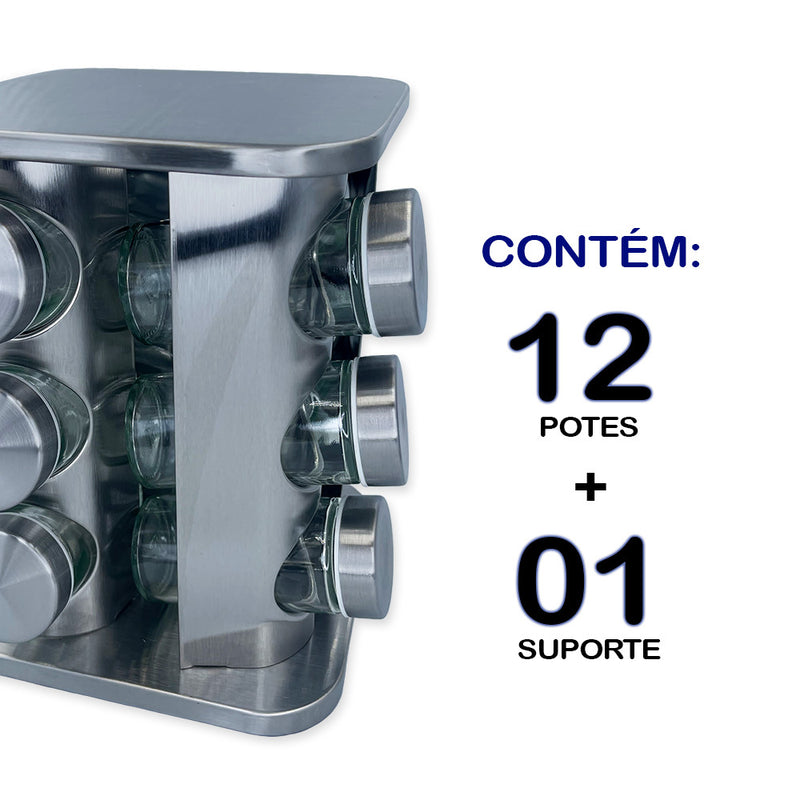 Porta Temperos e Condimentos Giratório em Inox com 12 Potes de Vidro