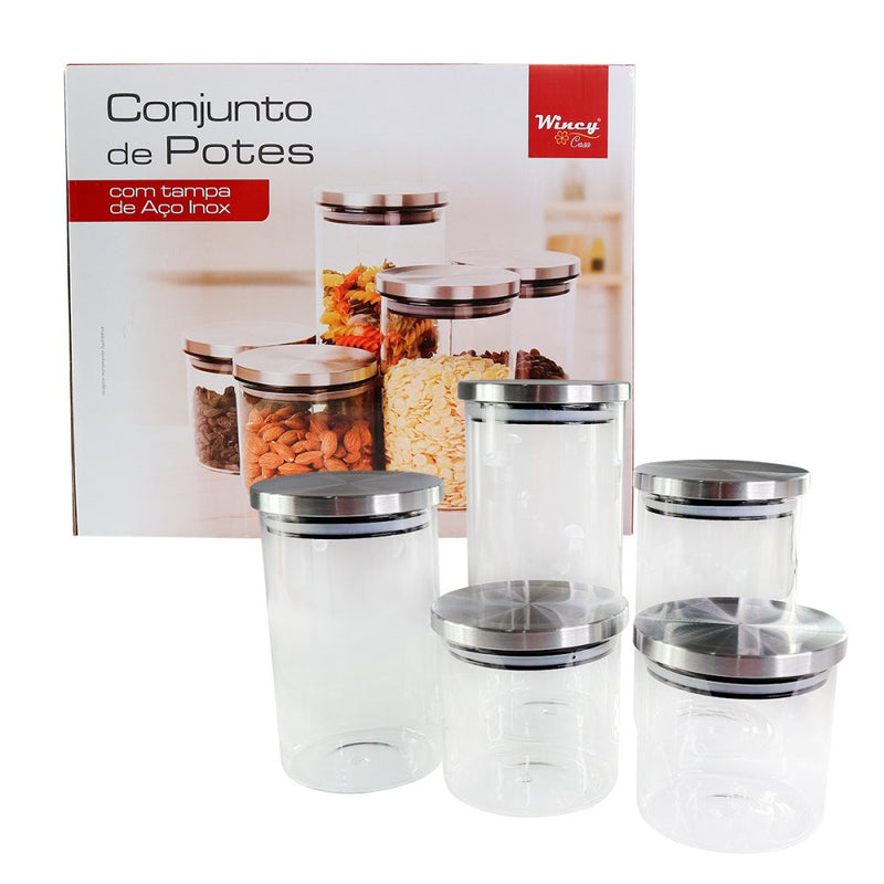 Conjunto de Potes de Vidro com Tampa de Inox - 5 Peças