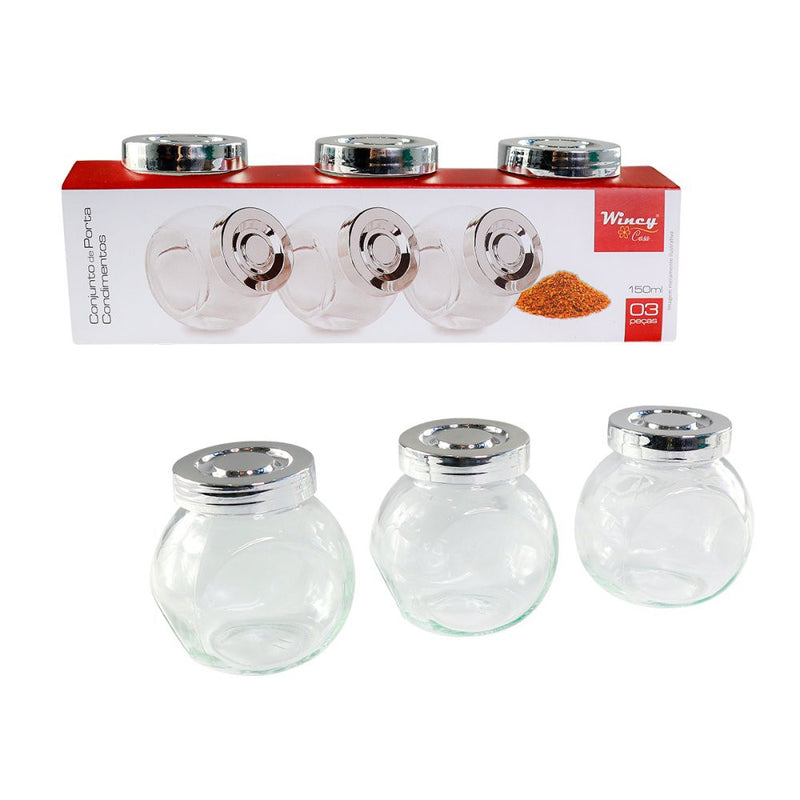 Conjunto Porta Condimentos de Vidro com Tampa Cromada 150ml - 3 Unidades