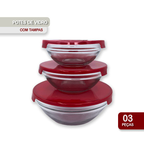 Conjunto 3 Potes de Vidro com Tampa - Vermelho